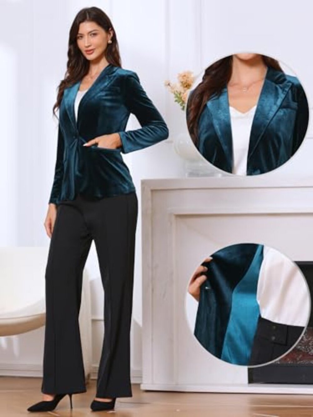🆕 Velvet Blazer for Women's Notched Lapel Long Sleeve One Button Dressy Office - Picture 2 of 6